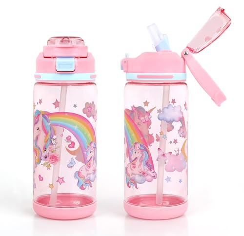 Decalsweet Kids Water Bottle With Straw,600ml Childrens Water Bottle,Leakproof Kids Drinks for School Travel,Lightweight Sport Bottle for Girls,Pink Unicorn