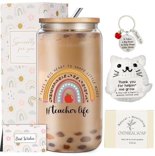 DHQH Teacher Appreciation Gifts for Women, Teacher Birthday Gifts, Employee Appreciation Gift Set with 18oz Glass Cup for Coworkers Employees Grandma Teachers Mom