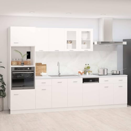 JHQHSM Set Armadi da Cucina 7 Pezzi Bianco Truciolato Lyon con Mobile Microonde e Vetrina Pensile, Design Funzionale per Ottimizzazione Spazio e Ampio Stoccaggio, Facile Pulizia