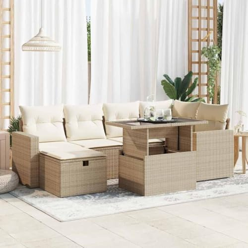 Frdhee Muebles de exterior Balcón Lounge Set de muebles de balcón Conjunto de asientos, 7 piezas. Juego de sofá de jardín con cojín de ratán de poli beige, grupo de asientos para jardín, terraza y