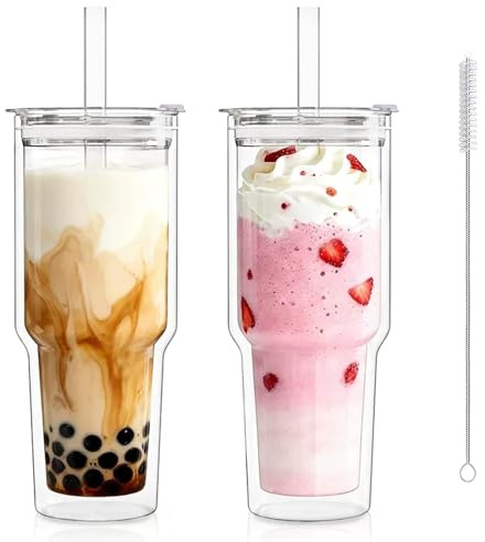 KEMORELA 28 oz Double Wall Glass Tumblers Set of 2, Extra-Wide 13mm Reusable Drinking Straws, Boba Tumbler, Wide-Mouth Water Cups for Iced Coffee, Smoothies, Boba & Tea Lovers (Clear)