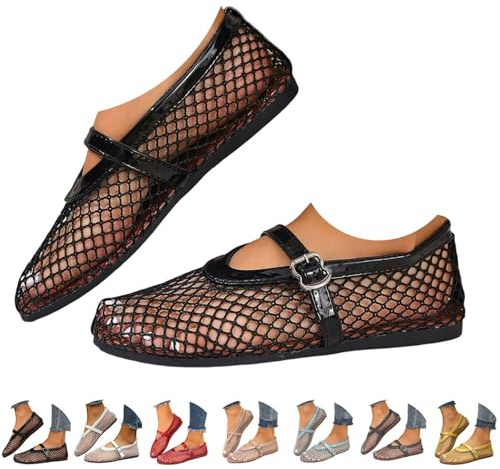 Mesh Ballet Flat Shoes for Women Dressy Closed Toe Fishnet Mary Jane Flats with Buckle Strap Comfort Lightweight Barefoot Foldable Shoes Elegant Casual Slip on Footwear for Beach Travel