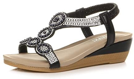AJVANI Womens ladies mid wedge heel diamante t-bar beads elastic slingback sandals size