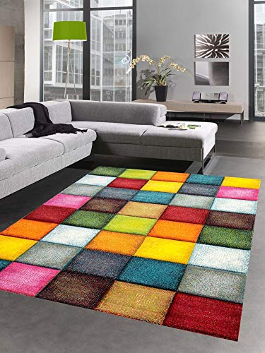 CARPETIA Teppich modern Teppich Wohnzimmer Karo bunt gelb rot blau grün Größe 80x150 cm