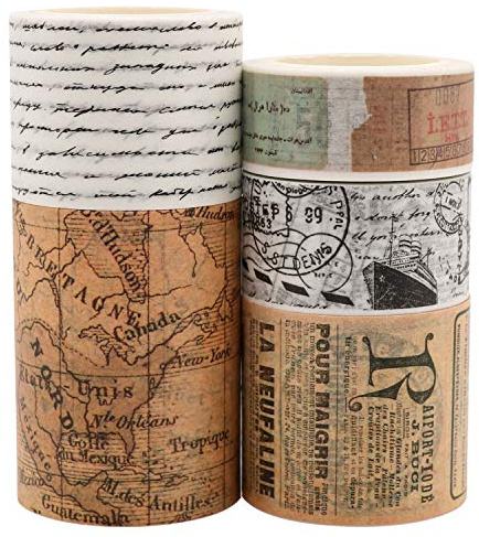 Knaid Vintage Washi Tape Set, Assorted 5 Rolls of Decorative Colored Masking Tapes for Scrapbooking, DIY Decor and Crafts, Bullet Journals, Planners, Junk Journal, Gift Wrapping