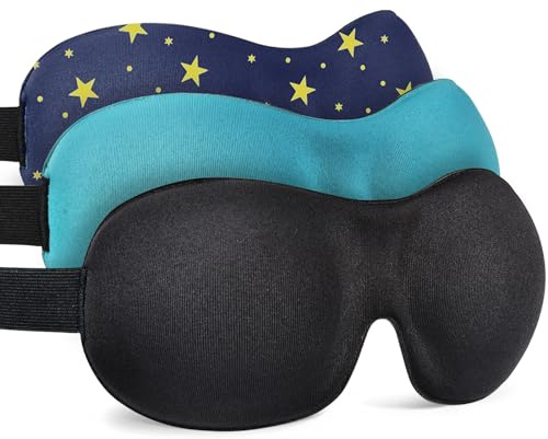 Sleep Mask Invisible Alar Deep Orbit 3D Eye Mask Ultra Lightweight & Comfortable Sleeping Mask Eye Sleep Mask for Travel, Nap, Shift Works (Black&Blue&Stars, 3 Count（Pack of 1)