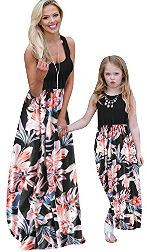 OMZIN Momme Femmes Enfants Filles Floral Famille Adapté Robes Loisirs Robe D'été Femme Bébé Robe pour Mère Fille Fleurs Noires S