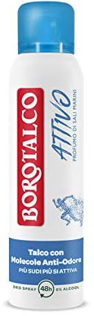 Borotalco, Deodorante Spray Attivo Blu, Formula Senza Alcool e con Talco con Molecole Anti-Odore, Efficacia Fresca, 48h di Efficacia, Profumo di Sali Marini - 1 Flacone da 150ml
