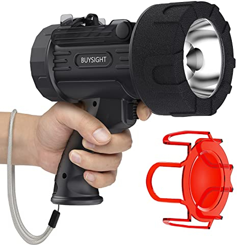 BUYSIGHT Rechargeable Spotlight Flashlight,1000000 lumens Hand held Spotlight Waterproof Flashlight Hunting Lamp with red Filter (Graphite Black)