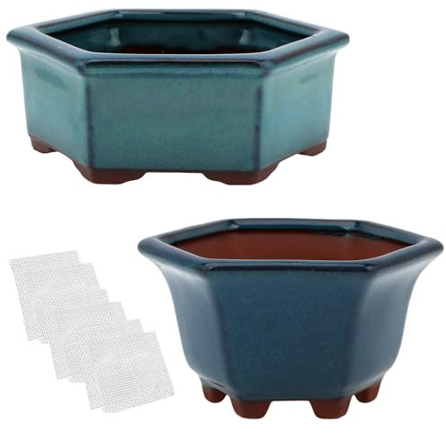 Fioriera per bonsai, piccola, smaltata, 12,4 cm e 15,5 cm + 6 reti di drenaggio morbide