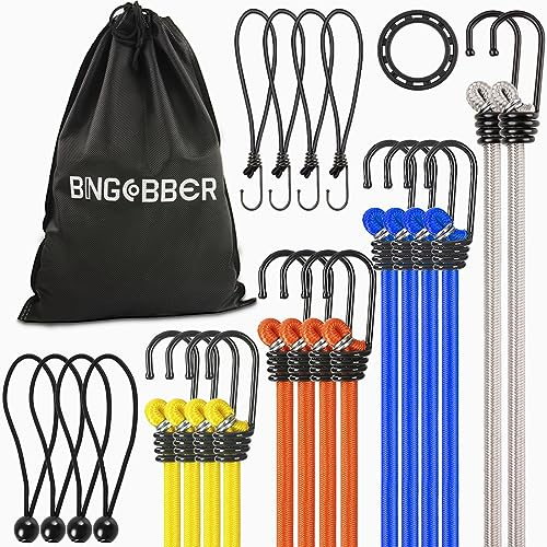 BINGCOBBER Bungee Cords with Hooks, 23 pcs Set of Heavy Duty Bungee Cords,Multi-Purpose Elastic Bungee Straps with Hooks and Fixed ring for Luggage Straps, Camping Multicolour
