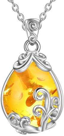 POPLYKE Bernstein Halskette Sterling Silber Bernstein Filigran Teardrop Anhänger Kette Edelstein Kristall Schmuck Geschenke für Frauen