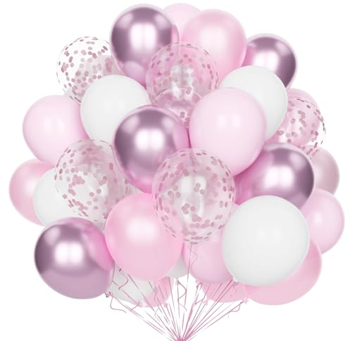 Pastell Rosa Weiß Luftballons, 60 Stück 12 Zoll Rosa Weiß Metallic Rosa Party Luftballons Set mit Rosa Konfetti Helium Latex Ballons für Geburtstag Hochzeit Mädchen Baby Shower Jahrestag Dekorationen