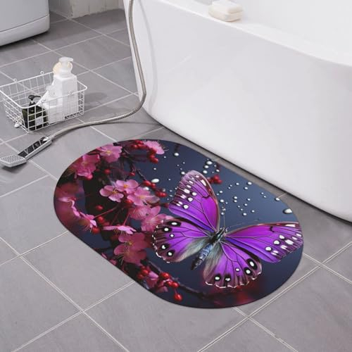 NONHAI Stein-Badematten Lila Pflaume Schmetterling Kieselgur Badematte Super saugfähig Badezimmer Bodenmatte Schnell Trocknende Kieselgur Duschmatte für Dusche Badewanne Badezimmer Zubehör 15,7 x 23,6