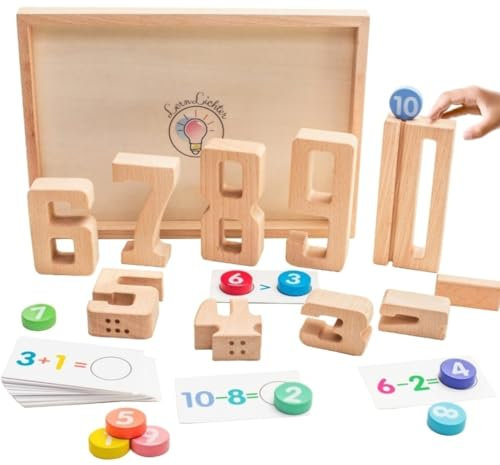 Holz Lernzahlen mit Rechenkarten – Montessori Rechenspiel ab 4 5 Jahren – Zählspiel mit Holzzahlen & Chips – Pädagogisches Lernspiel für Vorschule & 1. Klasse
