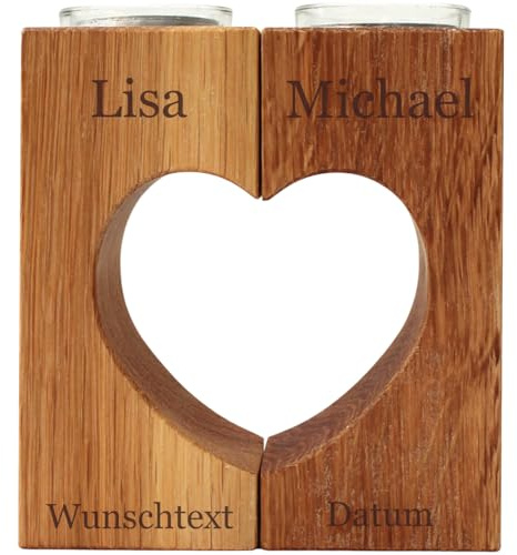 Teelichthalter in Herzform 2-teilig - Romantische Herz Deko aus geölter Eiche – personalisiertes Geschenk für Liebende - inklusive Teelichter - Holz Kerzenständer Liebe mit Gravur