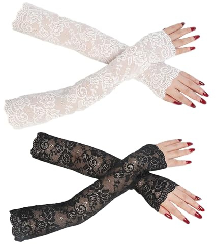 FUIPVGI Mitaines dentelles longues gants de sorcière noirs coude accessoire costume Halloween floral 1980 noir/blanc 47cm