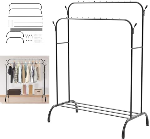 Heavy Duty Clothes Rail, Sturdy 80KG Black Metal Rack With Double Hanging Clothing Shoe Rack, Metal Clothes Rack with Storage Shelves & 4 Coat Hooks, Freestanding Rails For Bedroom, Office, Shop
