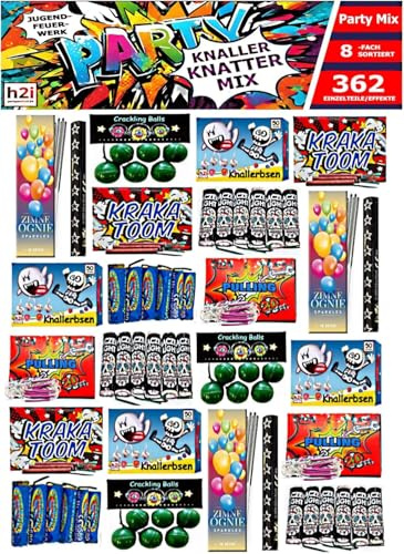 h2i Knaller Knatter Premium Mix | 362 Teile | 8fach sortiert & handverlesen| Partyspaß für Klein & Groß I für Silvester Halloween & Partys | Kinder & Jugendfeuerwerk | n | Ganzjahresfeuerwerk Kat. F1