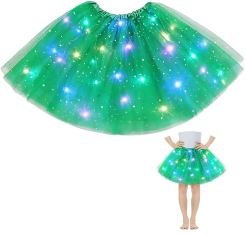 AYBUY Faldas tutú para niñas con luz LED, Falda tutú de Tul para niños con Forro, Fiesta de Ballet Gruesa, Vestido elástico para Halloween, Navidad, Disfraz de Fiesta de Carnaval, 30cm (Verde Hierba)