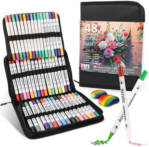 48 Farben Doppelkopf Acrylstifte, Schnell Trocknende Acrylfarben Set, Wasserfeste Marker zum Ausmalen, Malen für Stein, Tagebuchschreiben, Scrapbooking, Basteln für Ostern Weihnachten Geburtstag