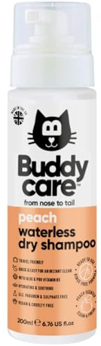 Shampooing Sec sans Rinçage pour Chat à la Pêche par Buddycare | Shampooing Nettoyant en Profondeur pour Chats | Parfum Frais | avec Aloe Vera et Pro-Vitamine B5 (200ml)
