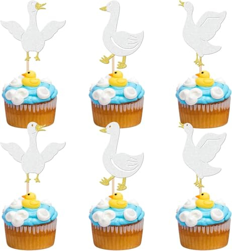 24 decorazioni per torte a forma di oche, glitterate, graziose oche, decorazioni per torte, decorazioni per torte, decorazioni per cupcake, motivo oche, bambini, compleanni, feste, torte, colore