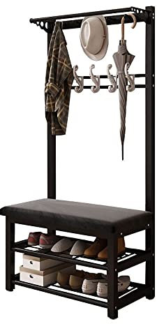 Hall Tree Garderobenständer, Schuhbank mit Ablage, Organizer, Eingangsmöbel mit 10 Haken, Metallrahmen, 80 x 33 x 172 cm