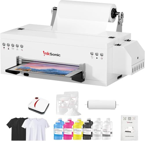 InkSonic L1800 A3 DTF Printer 2025, 13 Apparel Transfer Machine with Roll/Sheet Feed, One-Click Ink Setup, White Ink Circulation & Auto Cleaning, Heated Film Cutting, Multi-Fabric Compatibility，E13A