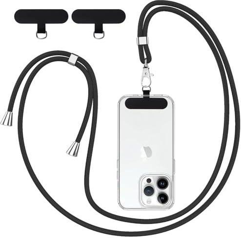 Knrlqim Cordino per cellulare Universale, Regolabile Cordino da Collo Nylon Catena Collana Tracolla con Toppa di Fissaggio, Compatibile con Maggior Parte Smartphone, Nero