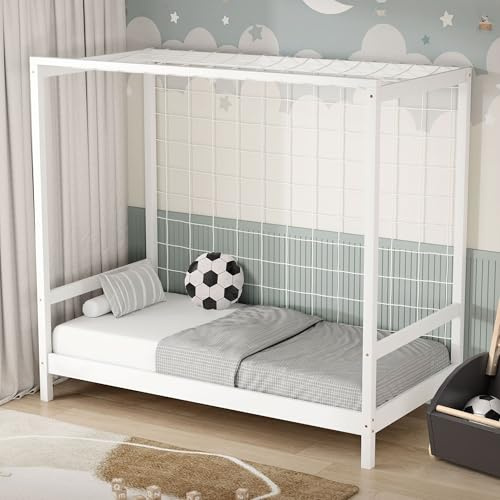 ML-Design barnsäng fotbollsmål 80x160 cm, vit, enkelsäng för barn, träsäng med lamellram & målnät, ungdomssäng av furu, sängram för pojkar och flickor, fotbollssäng mål lekbädd