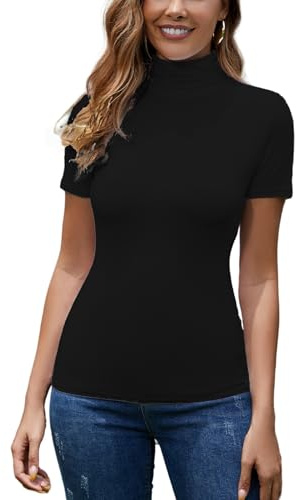 Women Classic Polo Neck Short Sleeve Pullovers Elegant Turtleneck Tops Basic Undershirt Slim fit(Thickness: Thin)-Black/M