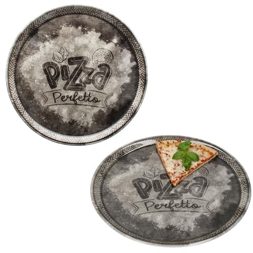 MamboCat 2er Set Perfetto Pizzateller Ø 31,5 cm I Schwarz I für 2 Personen I rustikale Porzellan-Teller für Pizza, Flammkuchen & mehr I große Speiseteller mit Dekor & Schrift, Servierplatte