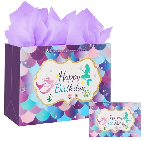 Purple Birthday Gift Bag-Medium Gift Bags for Present with 3 Tissue Paper and 1 Greeting Card for Kids Girls Women's Birthday Supplie Mermaid Design with Handles-30x12x22cm (1)