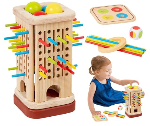 Gioco in legno per bambini - Custodia per palline 18,6 x 9,7 cm | di abilità e giocoo educativo in legno con bastoncini colorati e di con, motorie, pensiero logico