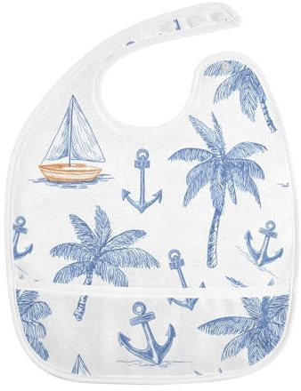Bolaz Palm Tree Sailboat Anchors Baby Bibs for Eating Food Feeding Waterproof Toddler Bib Apron Boys Girls Soft Adjustable Set of 2