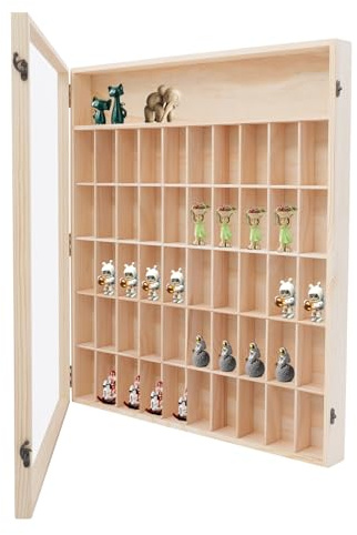 Tagowao Vitrina colgante coleccionable con disco acrílico, 50 compartimentos, vitrina de madera, estantería de pared, 6 niveles, vitrina para figuras minerales, vitrina Lego, 59,6 x 62,6 cm