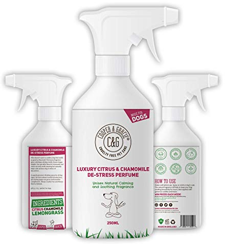C&G Hundeparfüm, Duft gegen Stress, 250 ml, langanhaltende Fellpflege, beruhigt nervöse und ängstliche Hunde, Zitrusfrucht, Kamille, Zitronengras, ätherische Öle