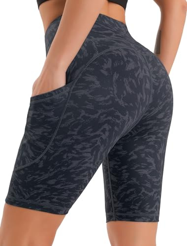 JOYSPELS Womens High Waist Cycling Shorts with Pockets Grey Textures XL