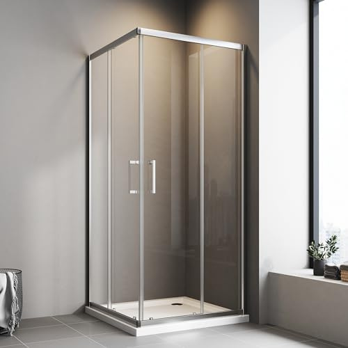 Duschkabine Eckeinstieg 80 x 80 cm mit Doppel Schiebetüren 6mm ESG Glas Dusche Duschabtrennung Duschwand Höhe 185cm ohne Duschtasse