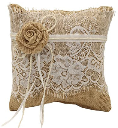 NP Vintage Hochzeit Ringkissen, Sackleinen Jute Spitze Blumen Ehering Kissen Eheringe Brautkissen, Ringkissen für Hochzeiten am Meer, rustikale Hochzeiten, Vintage-Hochzeiten, 19cm * 19cm