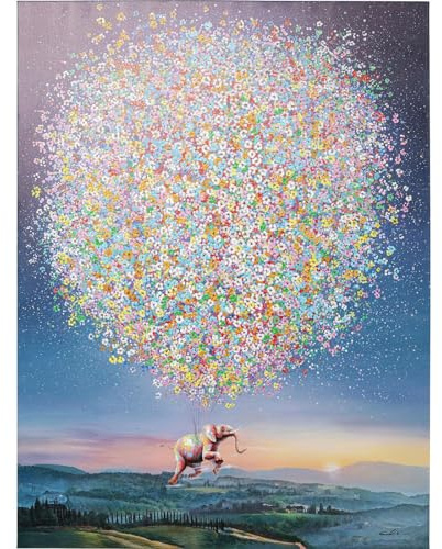 Kare Design quadro acrilico su tela, Flying Elephant At Night, multicolore, elefante/animali, decorazione parete, telaio legno massello, dettagli dipinti a mano, 160x120x4cm (A/L/P)