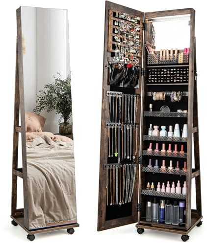 RELAX4LIFE Armoire à Bijoux sur Pied Mobile à 4 Roulettes 360º& Miroir Pleine Longueur, Miroir sur Pied avec Rangement Bijoux, Verrouillable à Clé, 5 Étagères Réglables pour Bague Bracelet