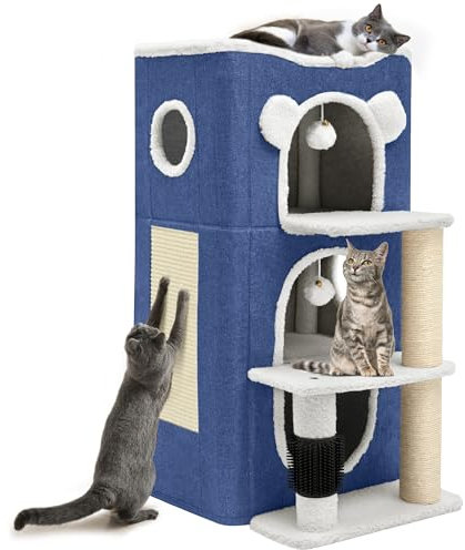 YITAHOME Katzenhaus, Katzenbetten für Hauskatzen, modernes Katzenhaus mit Highway-Höhle, Kratz- und Juckreizpfosten, Klettergerüst, Katzenwürfel-Spielhaus für mehrere Kätzchen (Blau)