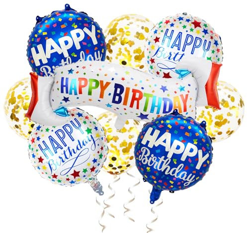KOBOKO Happy Birthday Ballon Set, 9 Stk Bunt Happy Birthday Folienballon, Konfetti Luftballons Gold Geburtstag, Helium Ballons Geburtstag Deko, Runde Geburtstagsballon für Junge Mädchen und Erwachsen