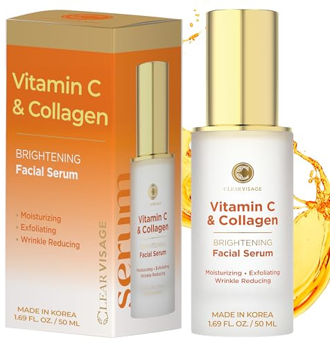 Clear Visage Vitamin C Serum For Face with Collagen – Dermatologist Tested, Anti Aging, Korean Skin Care – Fades Look of Dark Spots, Smooths Fine Lines, Firms & Hydrates – Clean Beauty – 1.69 Fl. Oz