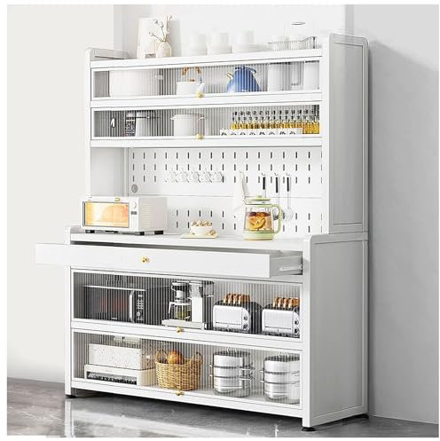 Gabinete de almacenamiento de despensa de cocina con soporte para microondas, armario de cocina independiente con cajones y ruedas, color blanco, 100 x 172 cm