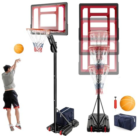 GYMAX Panier Basket Extérieur pour Adultes Enfants, Hauteur 105-260cm, Ballon & Pompe & Sac de Poids Fournis, Base Remplissable, Mobile avec Roues, Panneau Incassable