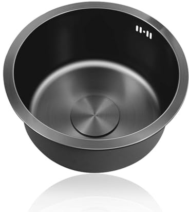 Lavello Cucina 1 Vasca Nero Lavandino Cucina Piccolo Lavabo Cucina In Acciaio Inox,Lavabo Tondo con Set Di Drenaggio,Installazione Appoggio o Sottopiano (Ø 40cm)