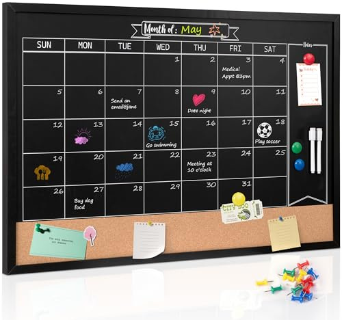 Board2by Monthly Chalkboard Calendar & Cork Board for Wall, 24x36 Magnetic Chalk Calendar Board Combo Board, Large Wall Mounted Combination Board Blackboard for Office, Kitchen, School, Home, Black